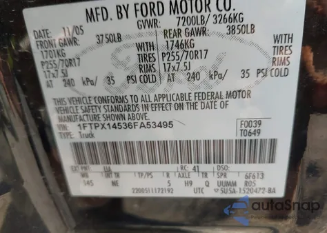 2006 Ford F-150 Fx4/Lariat/Xl/Xlt from USA, damaged, VIN 1FTPX14536FA53495